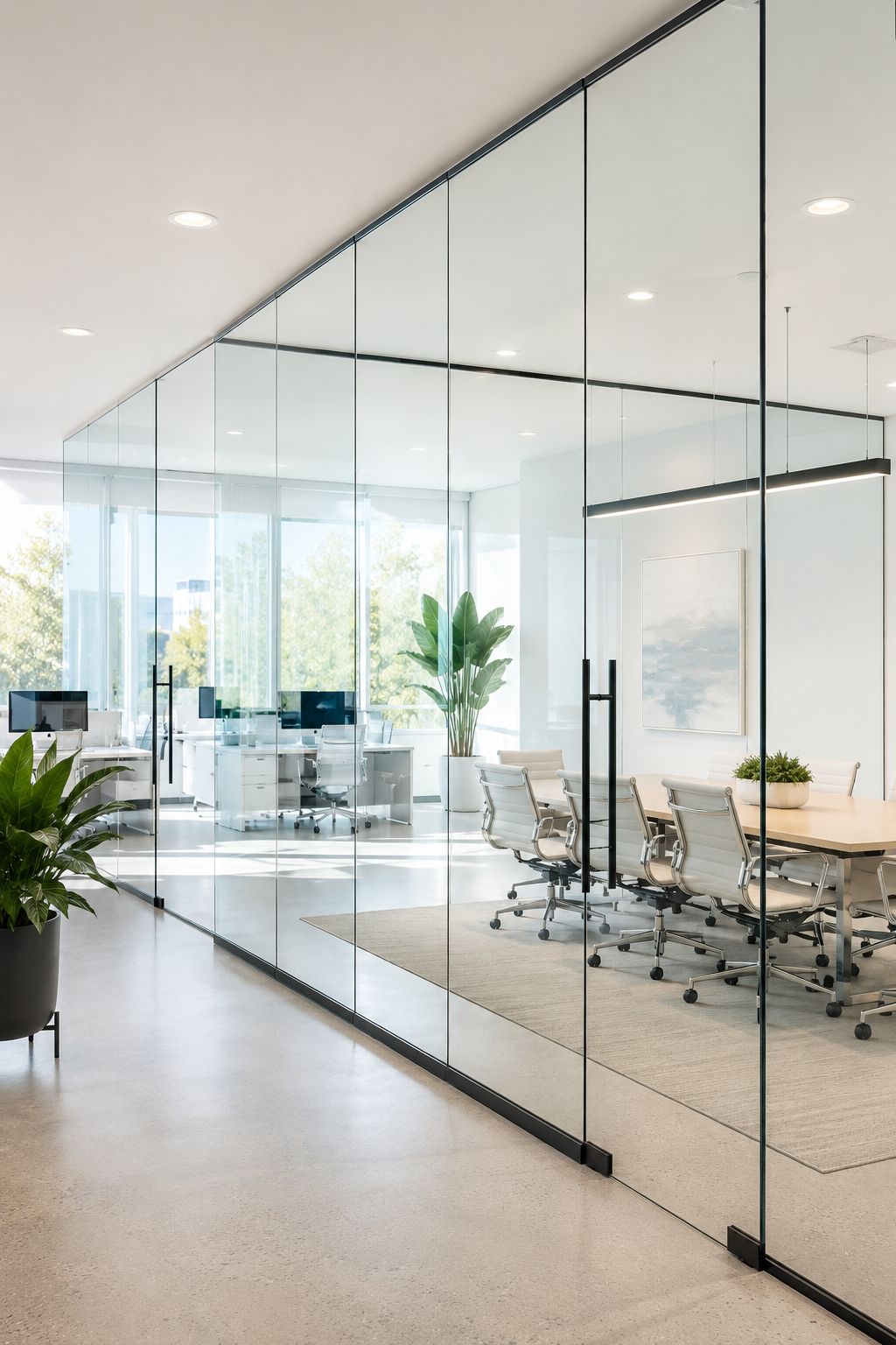Custom glass office partitions and conference room installed by Michael’s Glass Company