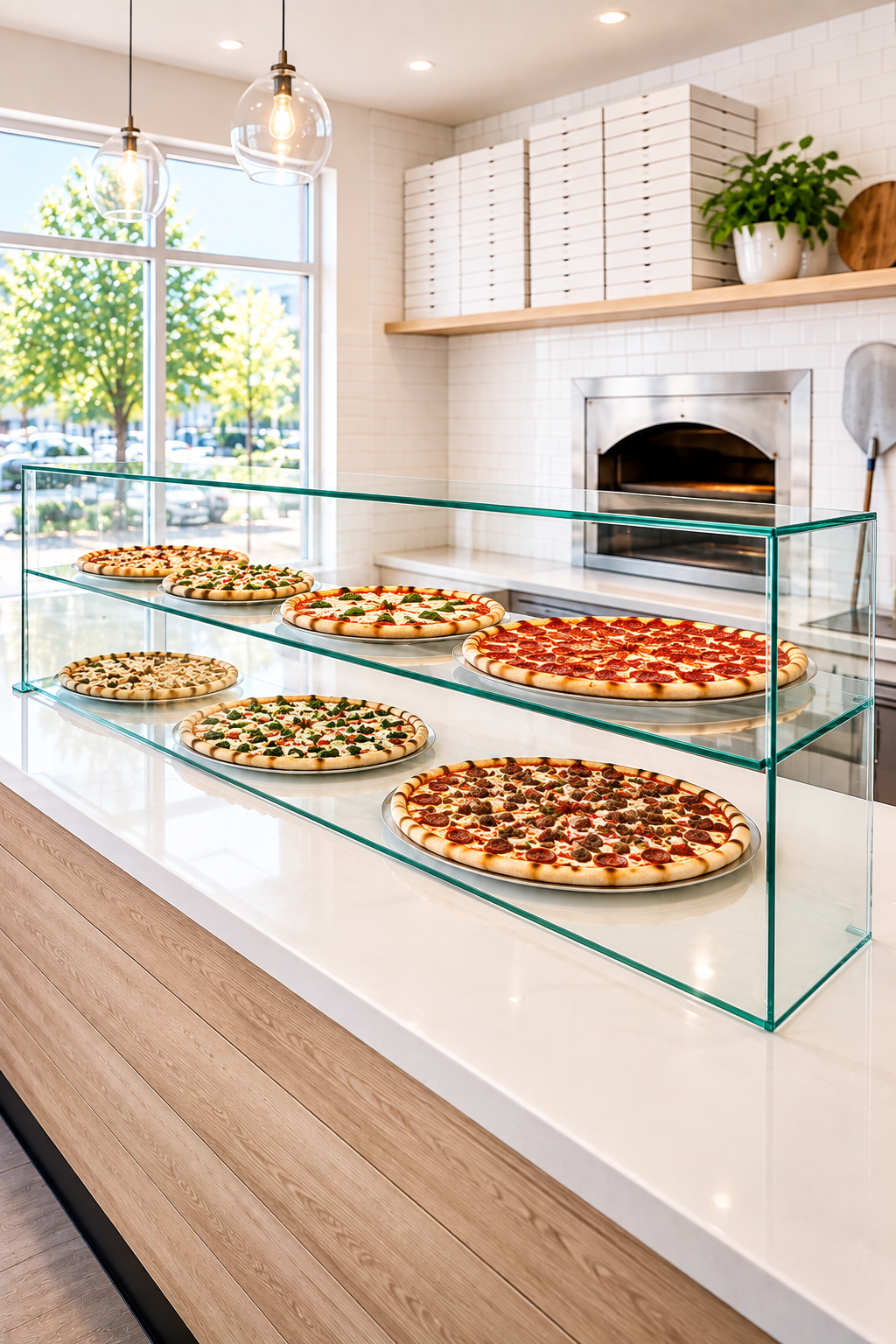 Custom glass sneeze guard and pizza display case by Michael’s Glass Company